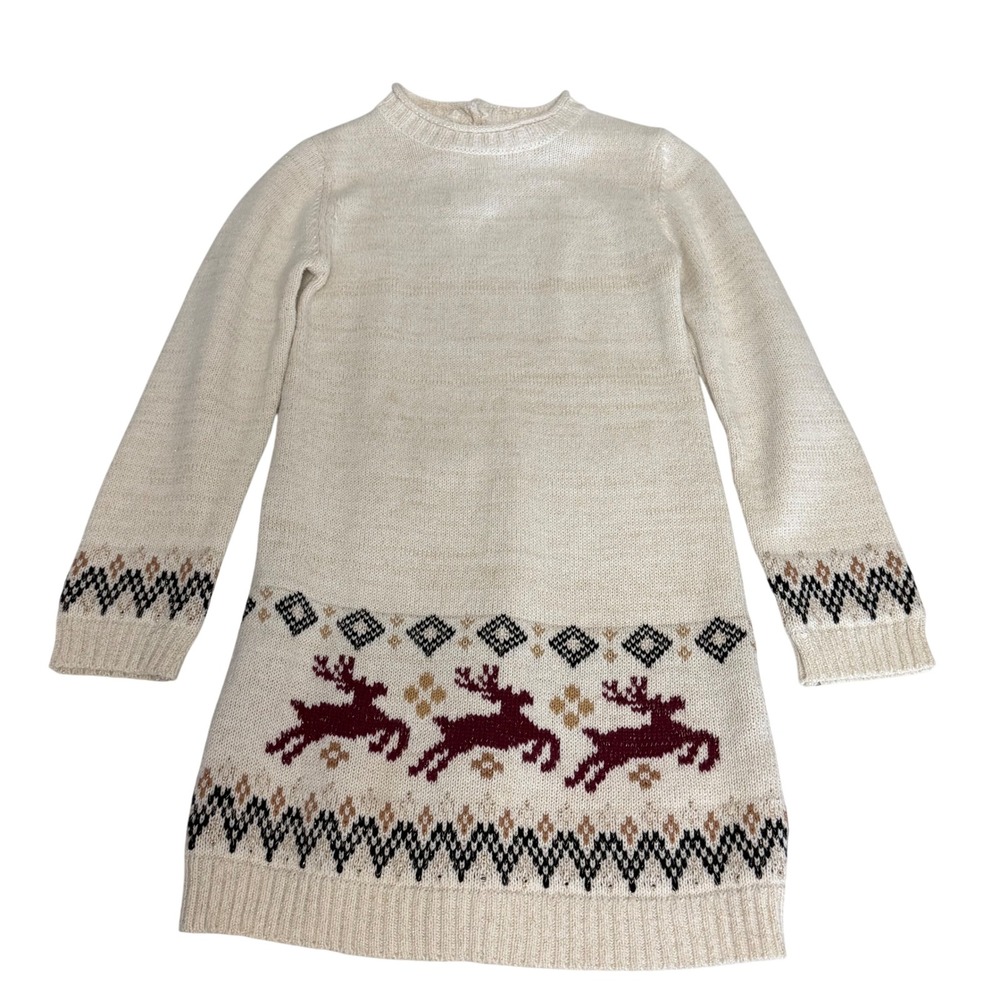 Little Lass Girls Cream Reindeer Fair Isle Metallic Knit Sweater Dress Size 6X
